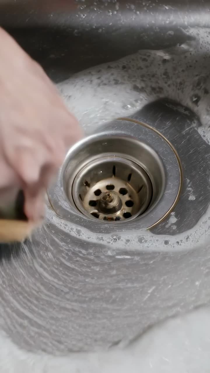 Vertikal video: Hånd i mørk manchet kommer ind og skrubber køkkenvaskens afløb med træbørste for at rengøre