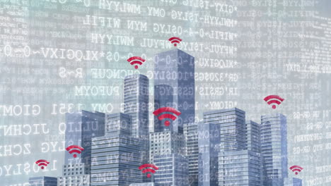animation of net icons with data and information over a cityscape