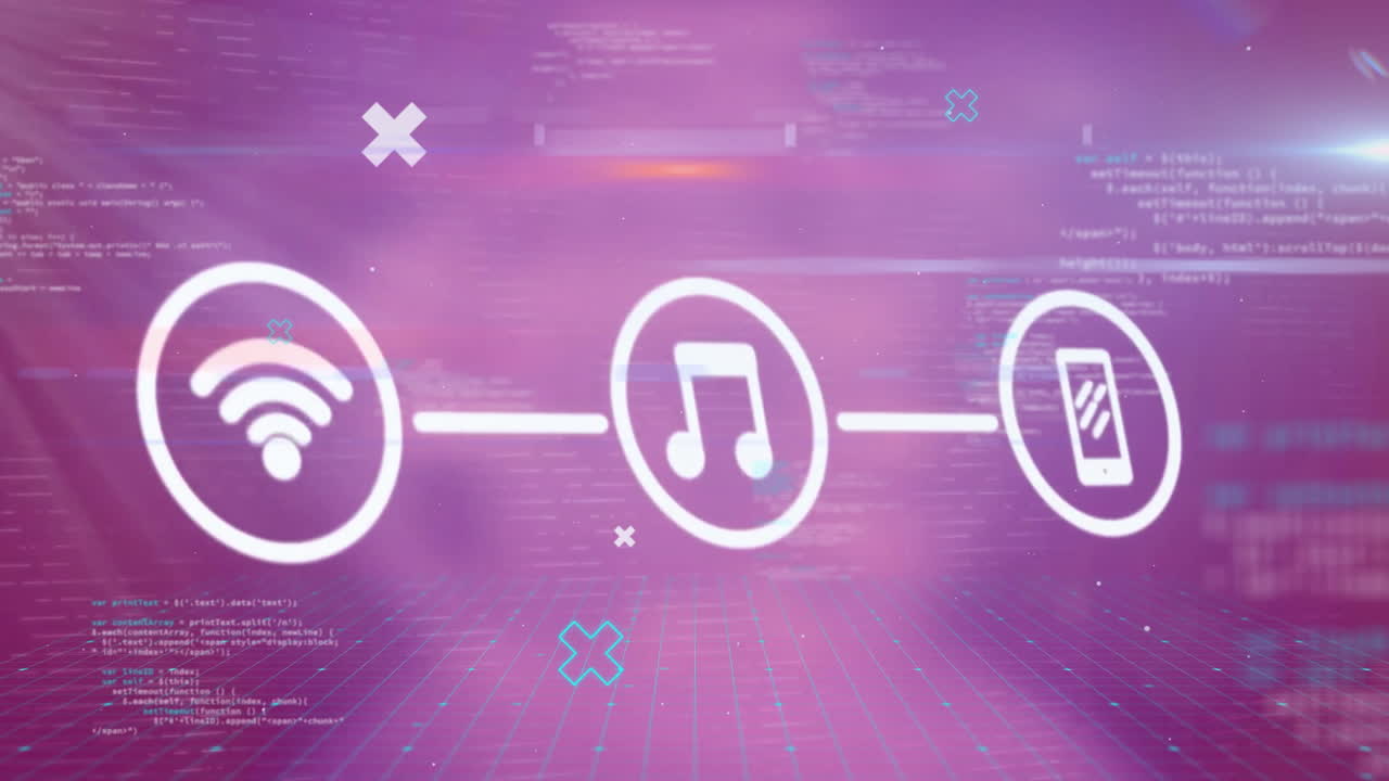 보라색 배경에 아이콘과 데이터 처리를 가진 네트워크의 애니메이션