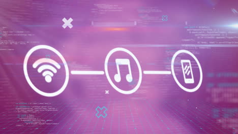 animation of network with icons and data processing over purple background