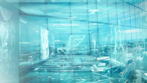 animation of medical data processing over modern building and cityscape