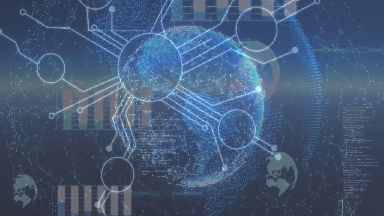 파란색 배경에 대한 연결 네트워크의 전 세계 데이터 처리의 디지털 애니메이션