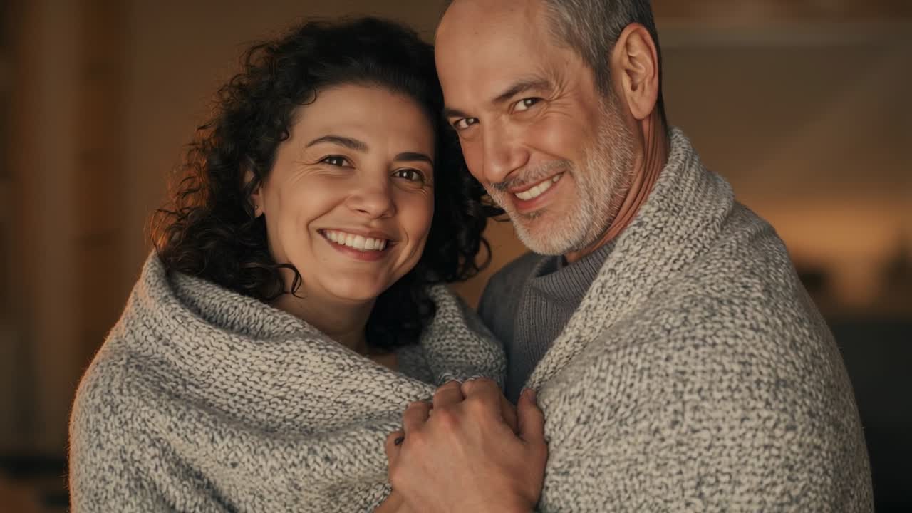 Fronte contro fronte, coppia che si tiene per mano, alla ricerca di calore in una coperta di lana a casa, in maglione, top