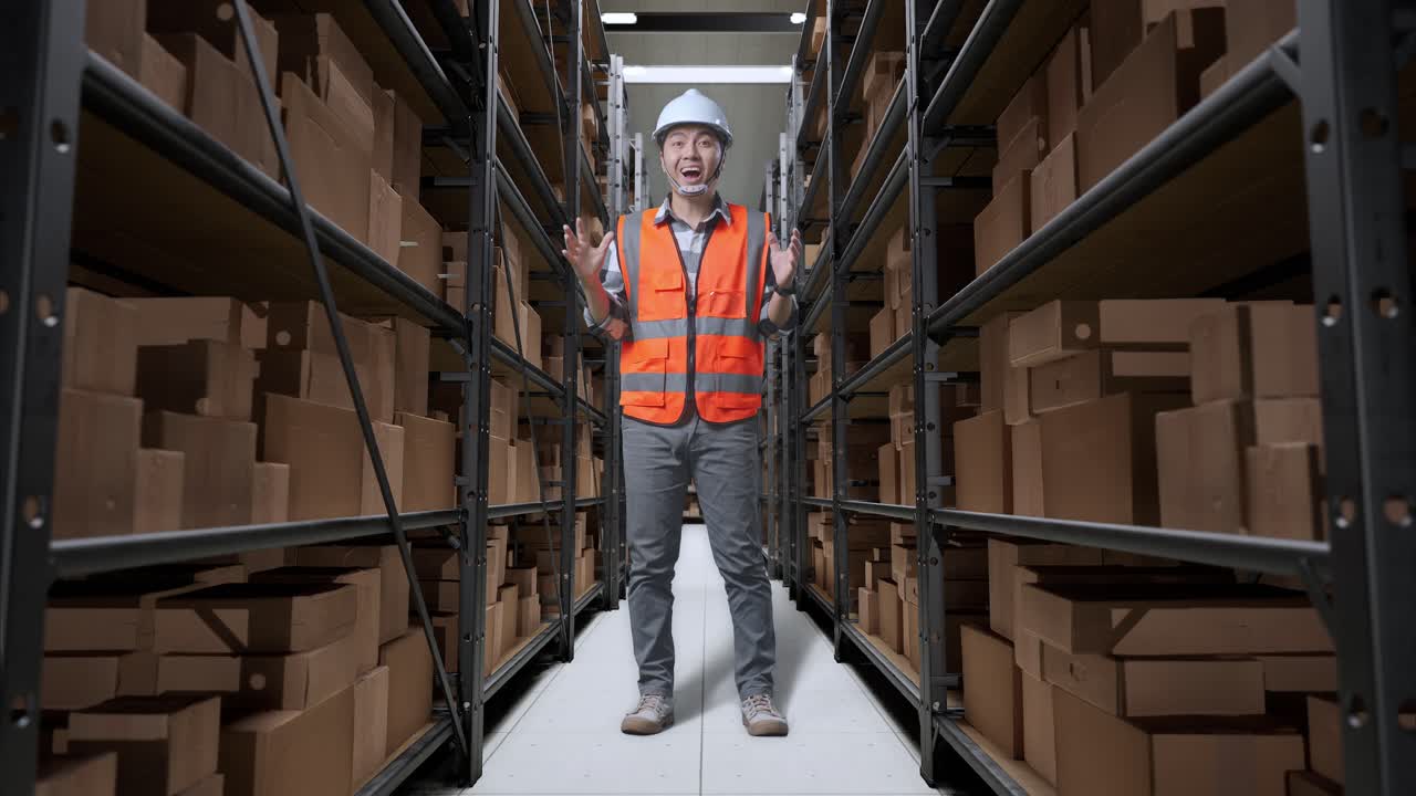 cuerpo lleno de ingeniero masculino asiático con casco de seguridad de pie en el almacén con estantes llenos de productos de entrega. sonriendo a la cámara y diciendo wow en el almacenamiento