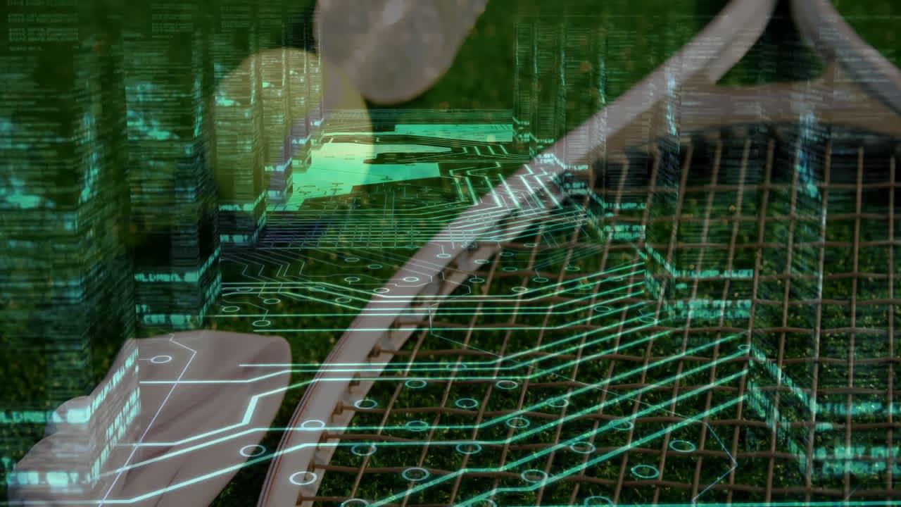 Tennis racket and balls fusing with neon circuit overlay on grass, projecting holographic cityscape