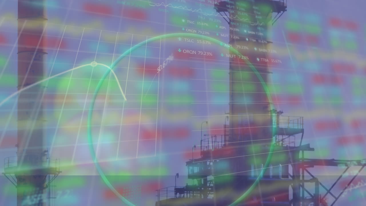Animation of financial data with graph, circle against petrochemical plant