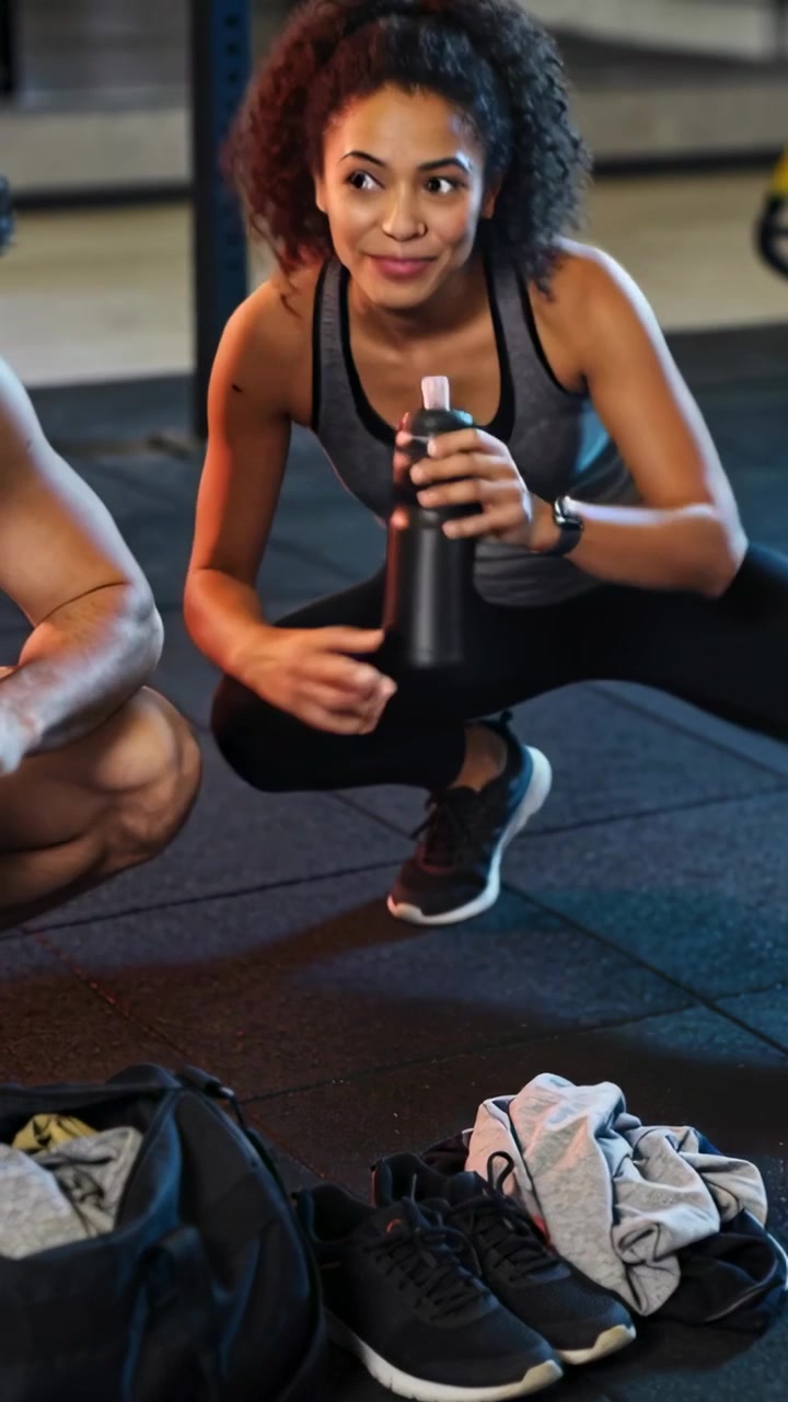 Video verticale: Donna in canotta grigia che apre una borraccia nera in palestra durante una pausa, offrendo acqua.