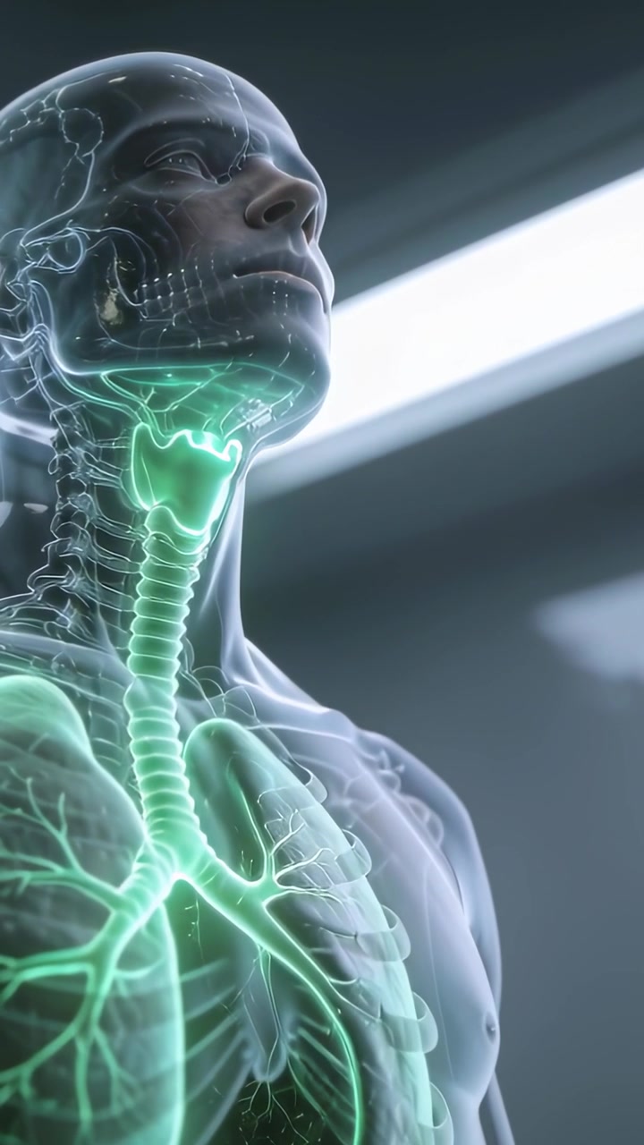 Video verticale: Telecamera che panoramica rivelando un torso maschile in CGI che evidenzia vie aeree al neon pulsanti in una clinica.