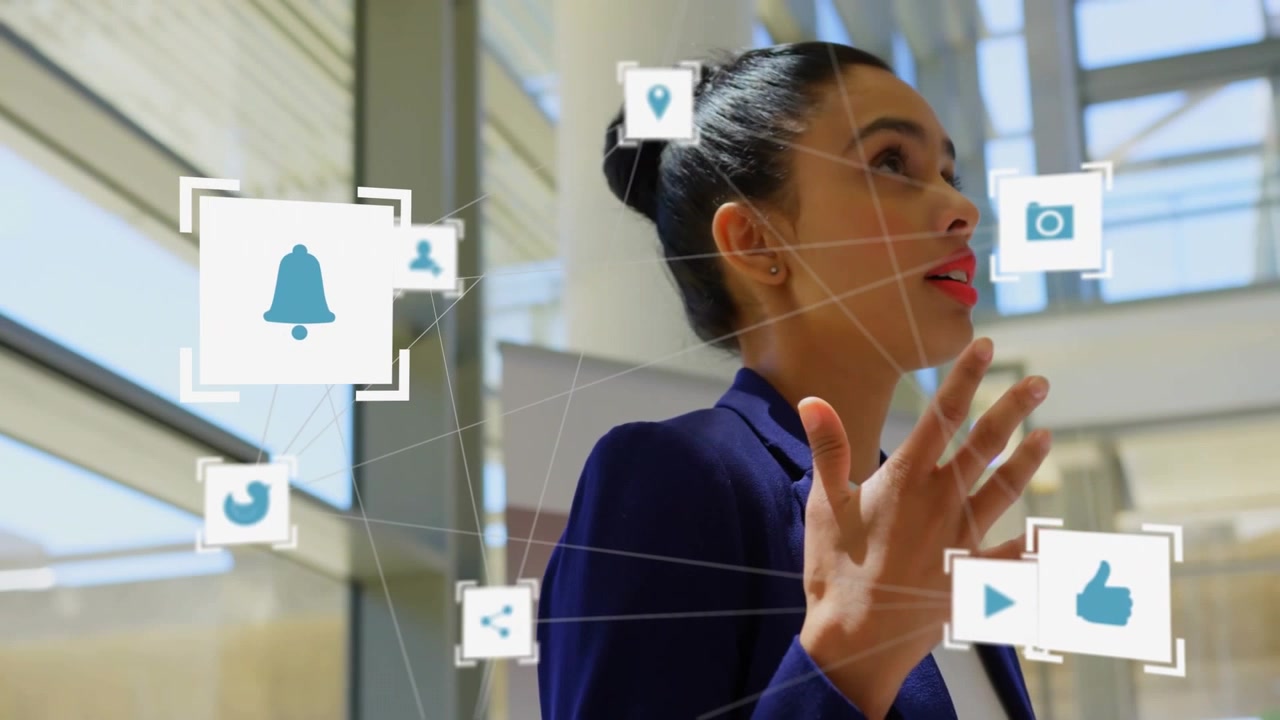 Woman presenter raising hand and speaking, sending floating icons across frame for marketing
