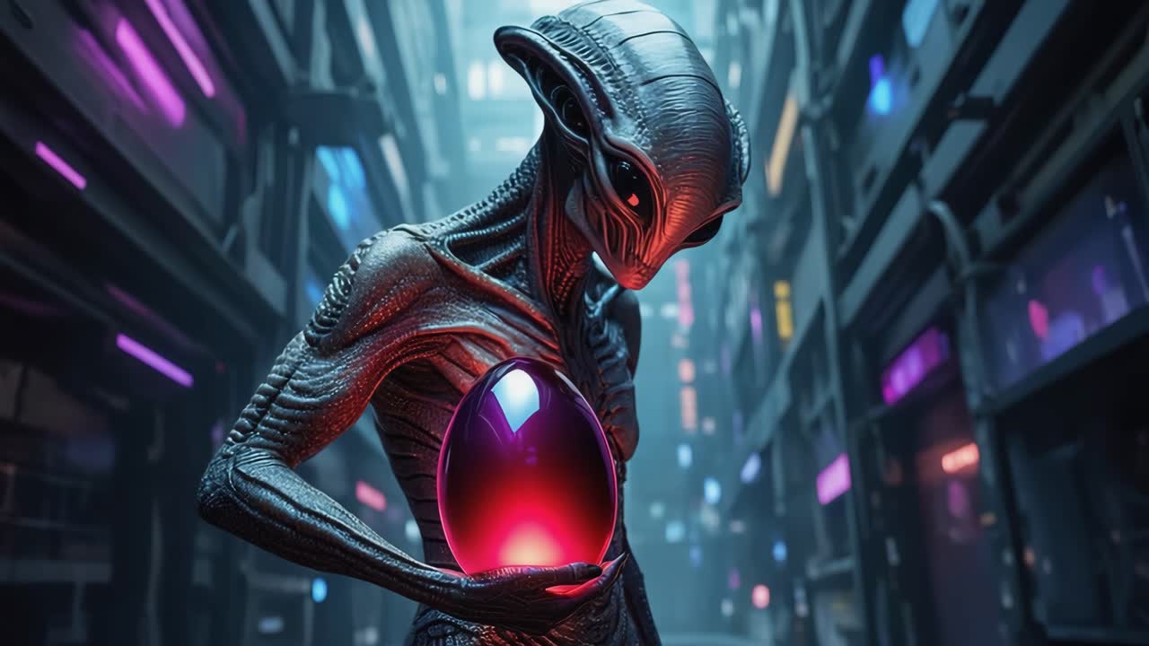Un alieno che tiene in mano un uovo incandescente in una città cyberpunk