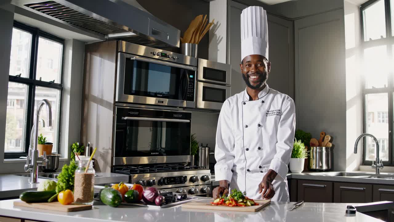 Uno chef in una cucina moderna, sorridente mentre taglia le verdure. Il video cattura un'atmosfera luminosa