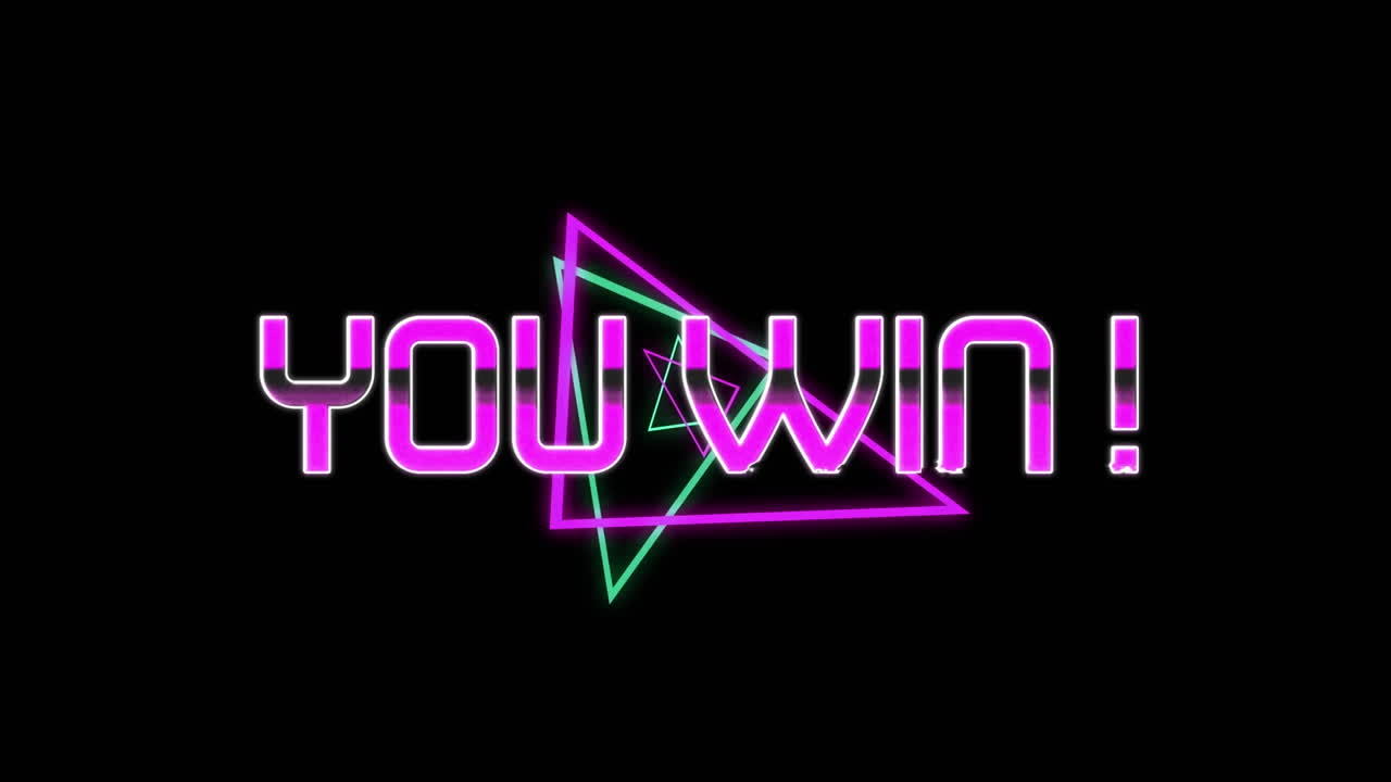 Animation of you win text over colorful shapes on black background
