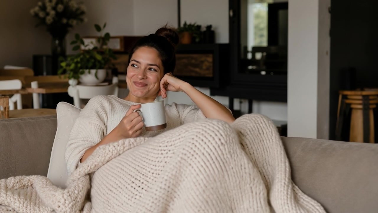Smilende ung kvinde pakket ind i et hyggeligt tæppe drikker af et krus på en sofa.