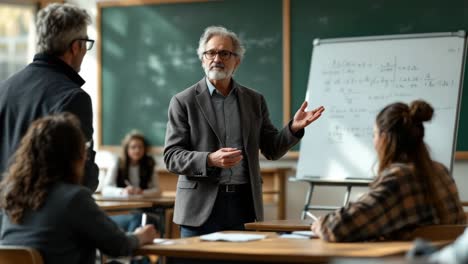 A professor or teacher lecturing students in a classroom