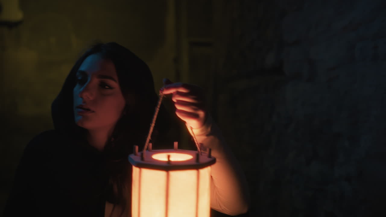 신비한 여자가 밤에 등불을 들고 거리를 걸어다닙니다.