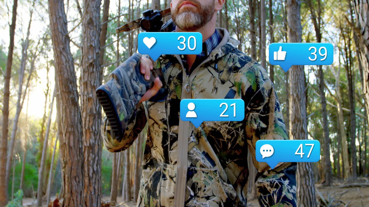 Bearded hunter standing in pine forest, showcasing social media marketing icons floating overhead