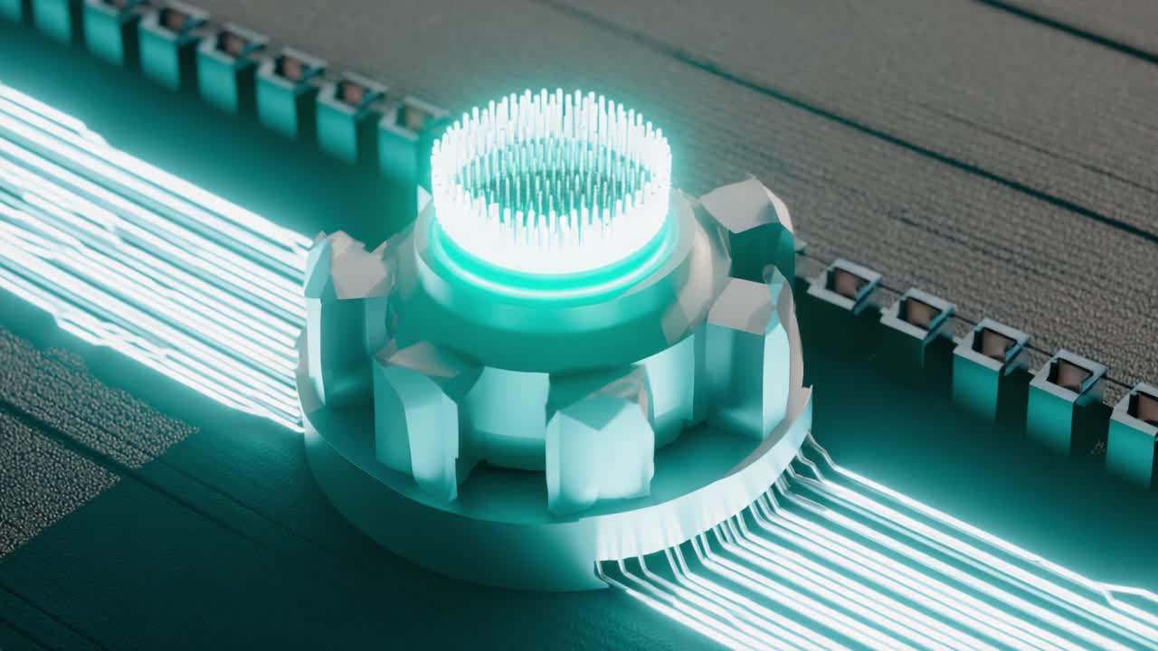 Central processing unit with glowing pins connecting to a data stream of light, representing futuristic big data, artificial intelligence, and advanced quantum computing technology in action