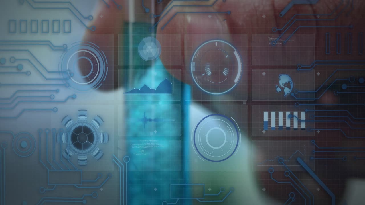 animación del procesamiento de datos y el mundo sobre el científico caucásico con tubo de ensayo
