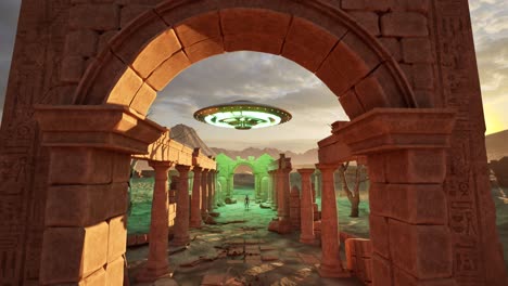 a ufo casting colorful lights, hovering above ancient temple ruins in the desert on sunset, with an alien standing idle at the end of the temple and looking, 3d animation, camera dolly up