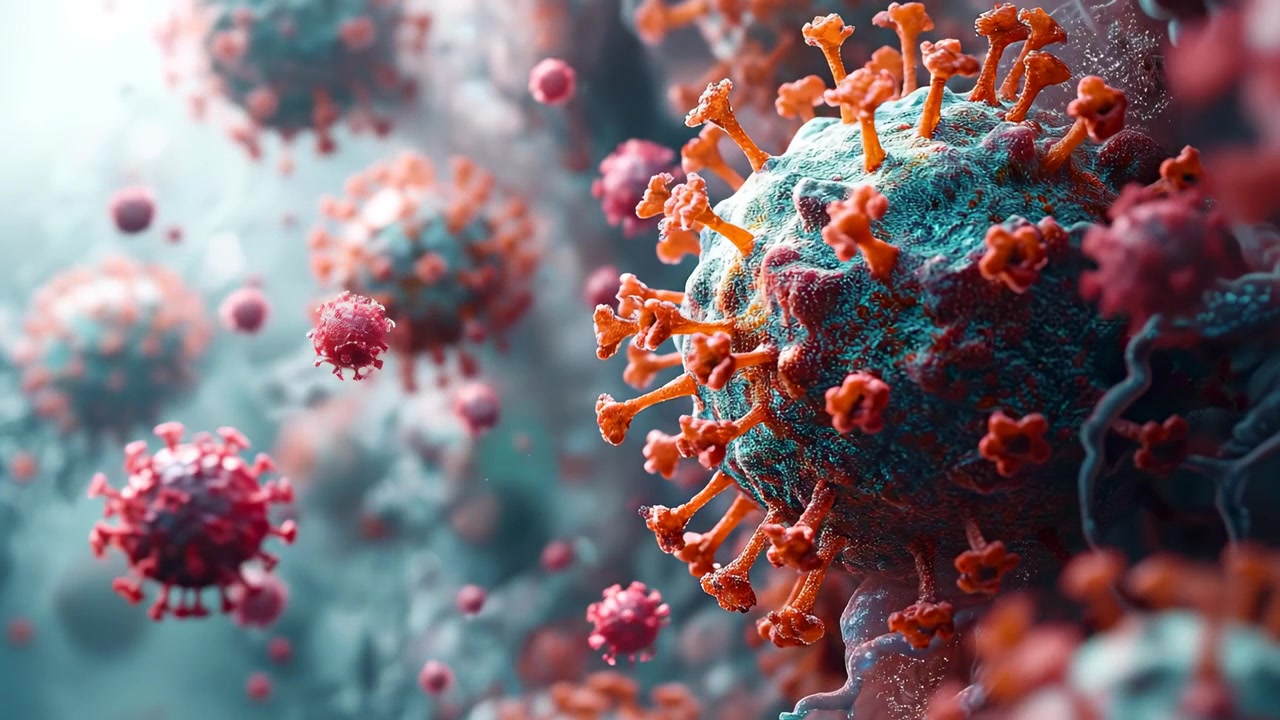 Rendering 3D microscopico di particelle virali con punte proteiche. Illustrazione medica 3D ravvicinata di cellule virali sferiche con punte rosse che fluttuano in un ambiente fluido.