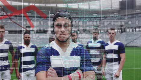 animación del procesamiento de datos en cuadros sobre un equipo de rugby masculino multiétnico de pie en una fila