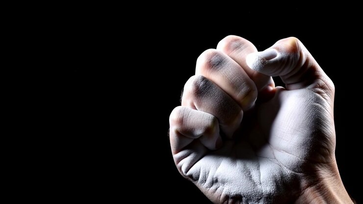 Vista ravvicinata mostra la mano destra che si trasforma da artiglio rilassato a pugno chiuso, poi si apre in un palmo disteso sotto una drammatica luce da studio, con la curvatura delle dita visibile, tensione delle nocche, linee della pelle e pori.