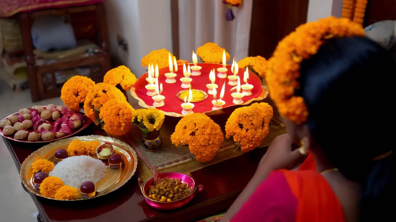 Decorazioni per festival indiano con Diya e cibo