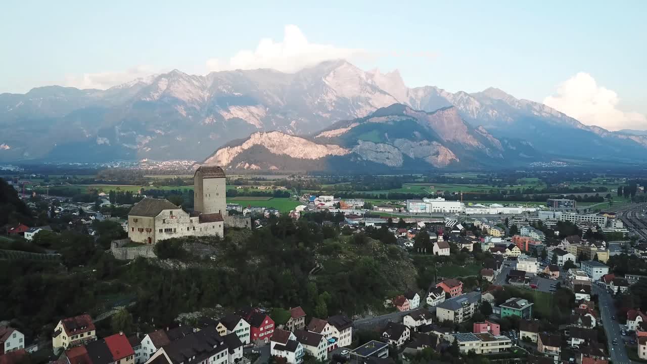 Bird's eye view of the municipality of Sargans and its castle, St. Gallen, Switzerland