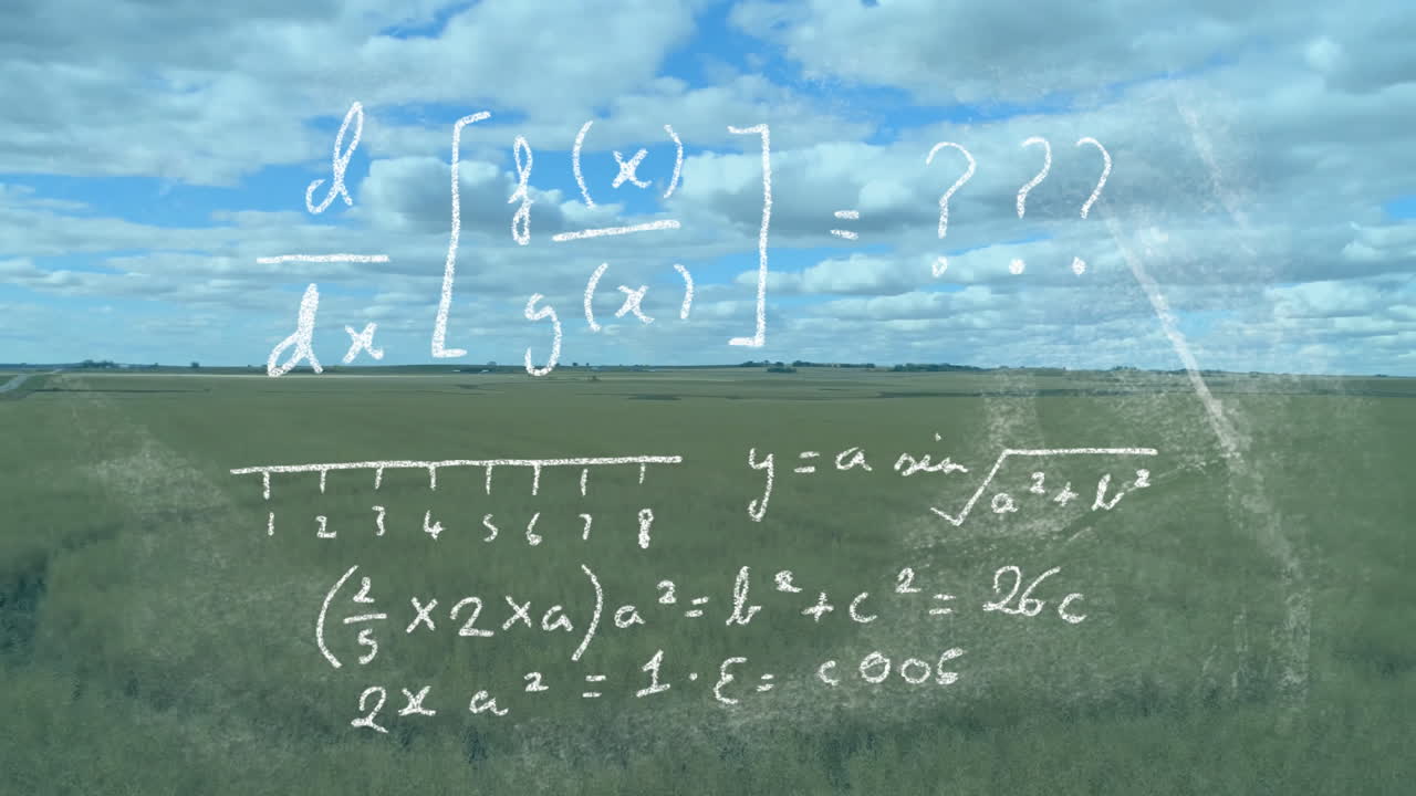 Chalk-like math formulas floating across rural field, featuring chalkboard effect and smudges