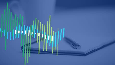 Animation-Der-Statistischen-Datenverarbeitung-Gegen-Stift,-Tagebuch-Und-Kaffeetasse-Auf-Dem-Schreibtisch