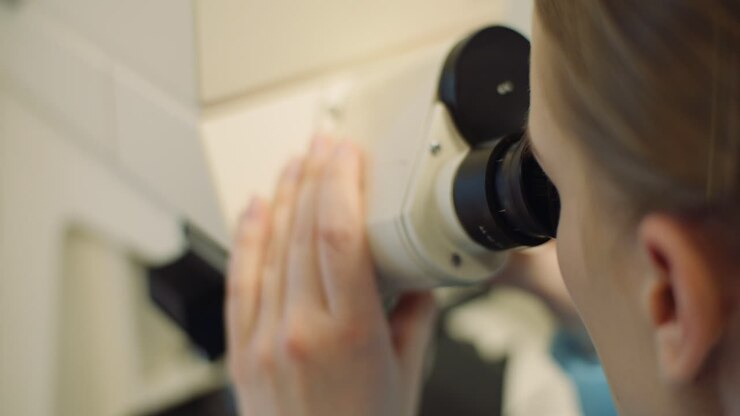 Scientist Examining Bacteria Under Microscope At Laboratory