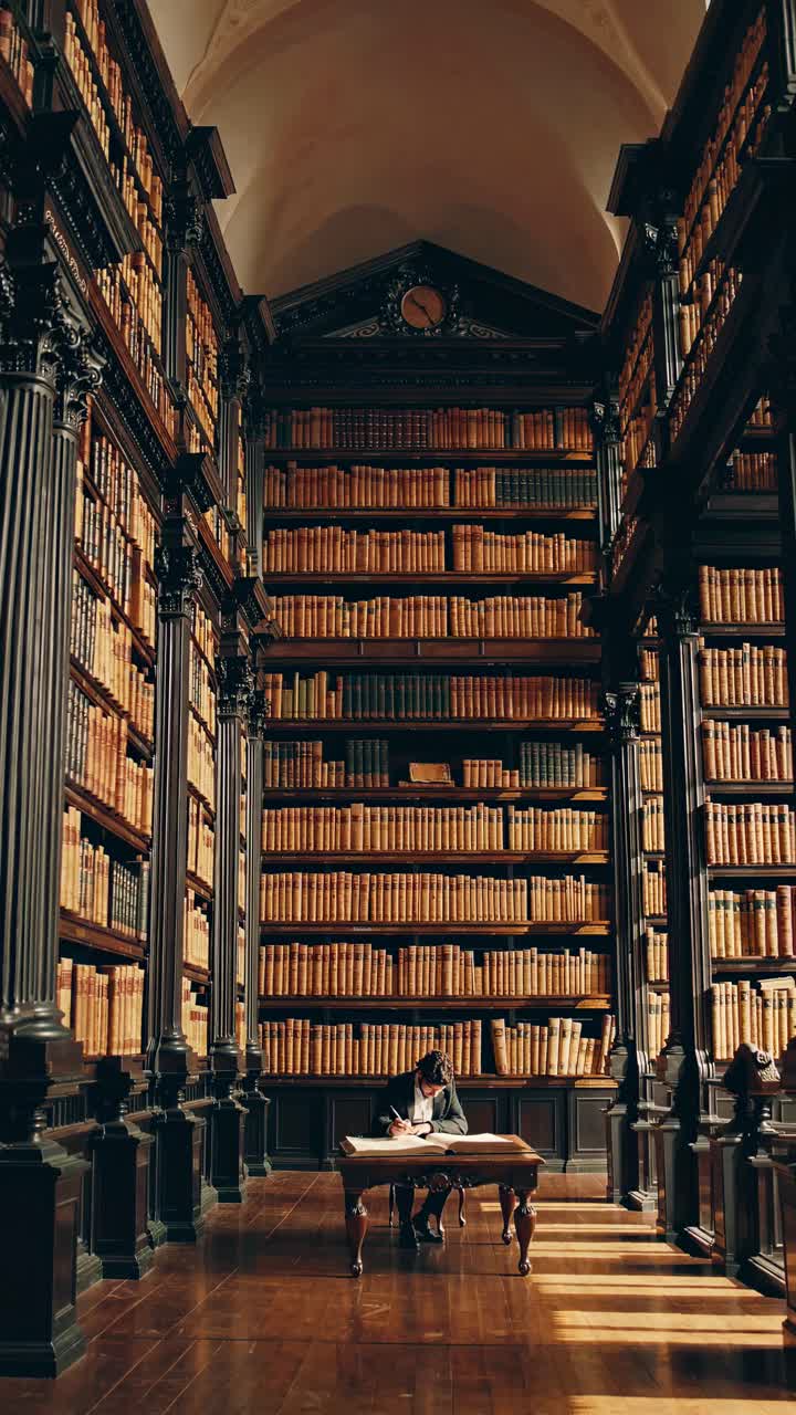 A majestic library with towering bookshelves, captured from a low angle. A person reads at a table