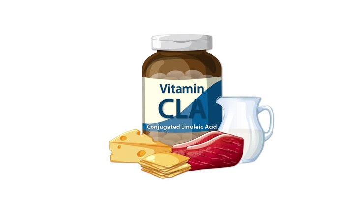 Appare una bottiglia di vitamina CLA, insieme a formaggio, bistecca e latte su sfondo bianco pulito