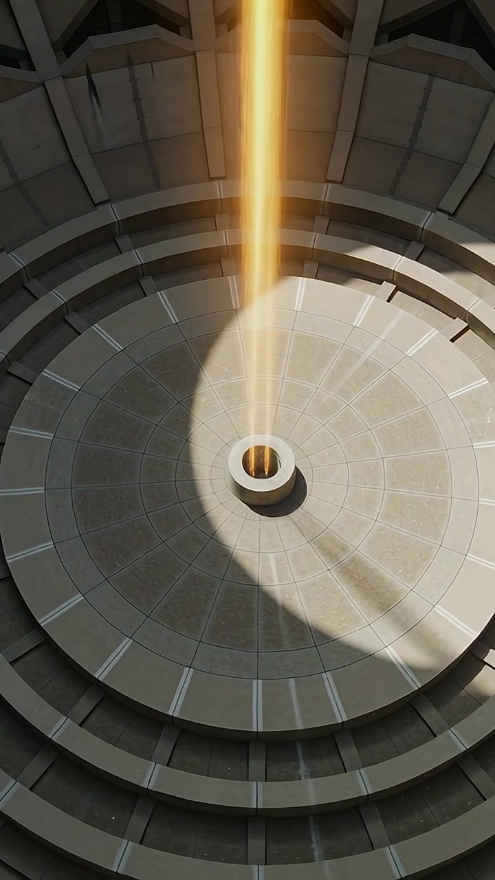Vertical video: Dropping gold beam nudging ring sweeping shadow over shaft floor aligning into well