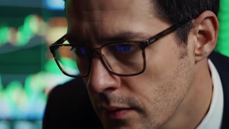 a focused analyst deep in thought, analyzing market data and trends with precision and intensity in a dynamic financial environment