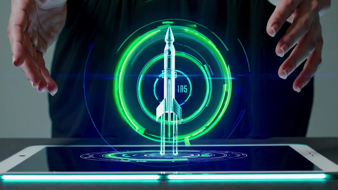 Person Interacting with Holographic Rocket Projection on Tablet