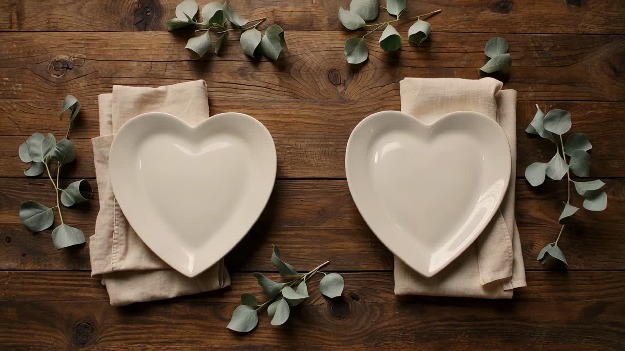 Allontanamento della camera che rivela piatti a forma di cuore sul tavolo di casa con tovaglioli ed eucalipto