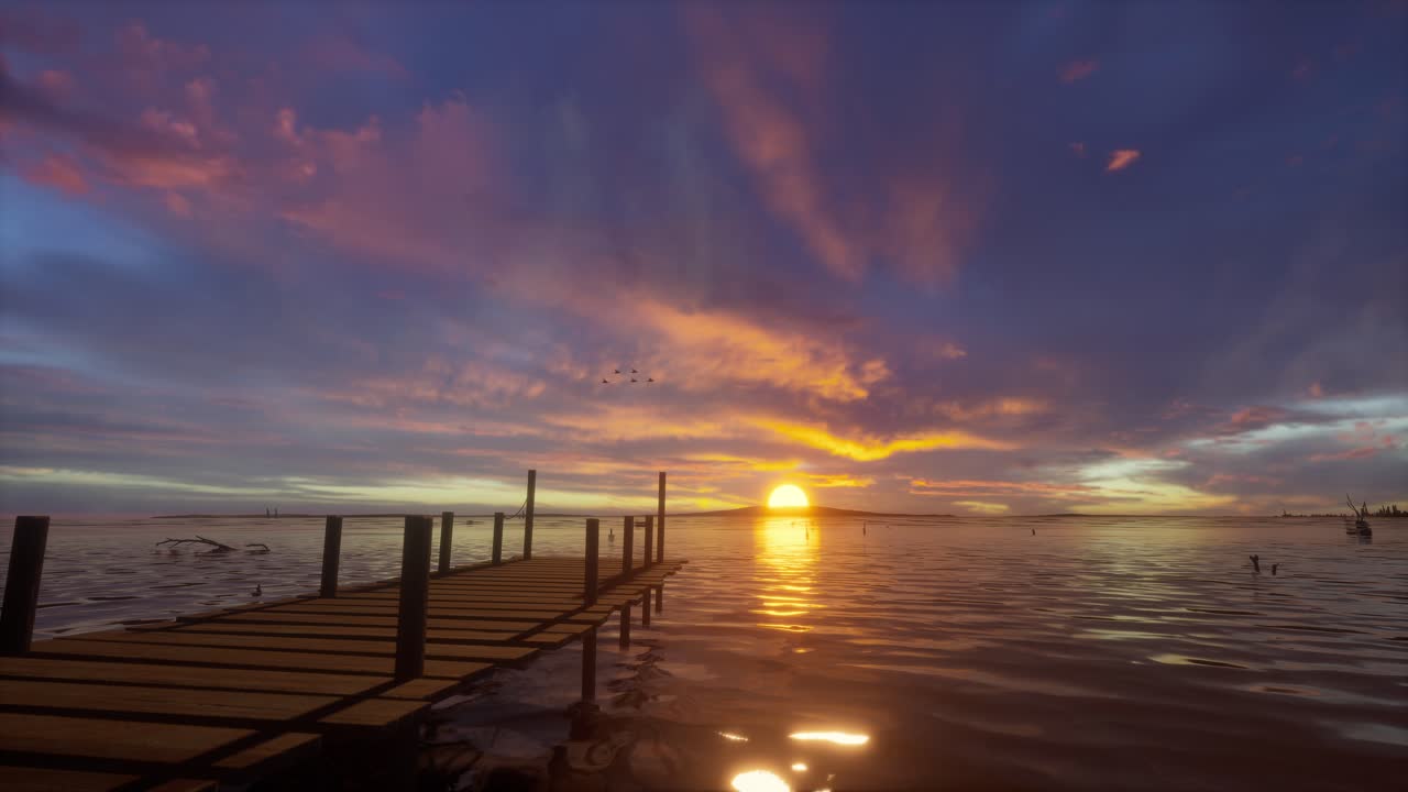 Wooden Pier Extending Into A Lake At Sunset With Vibrant Sky