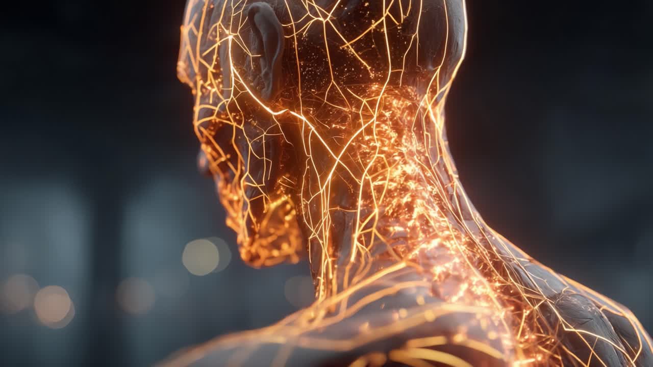 Misterny widok biomechanicznego modelu człowieka, rozświetlonego jarzącymi się szlakami neuronowymi, ukazujący fuzję sztuki i nauki w oszałamiającej wizualnie prezentacji.