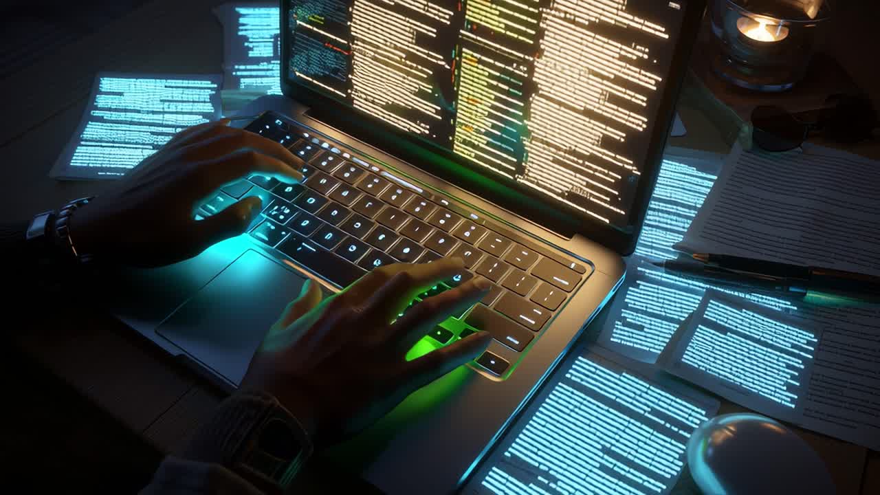 Engaging in Advanced Programming and Cybersecurity Analysis Through Illuminated Keyboard on Laptop Surrounded by Documentation and Ambient Lighting Reflection