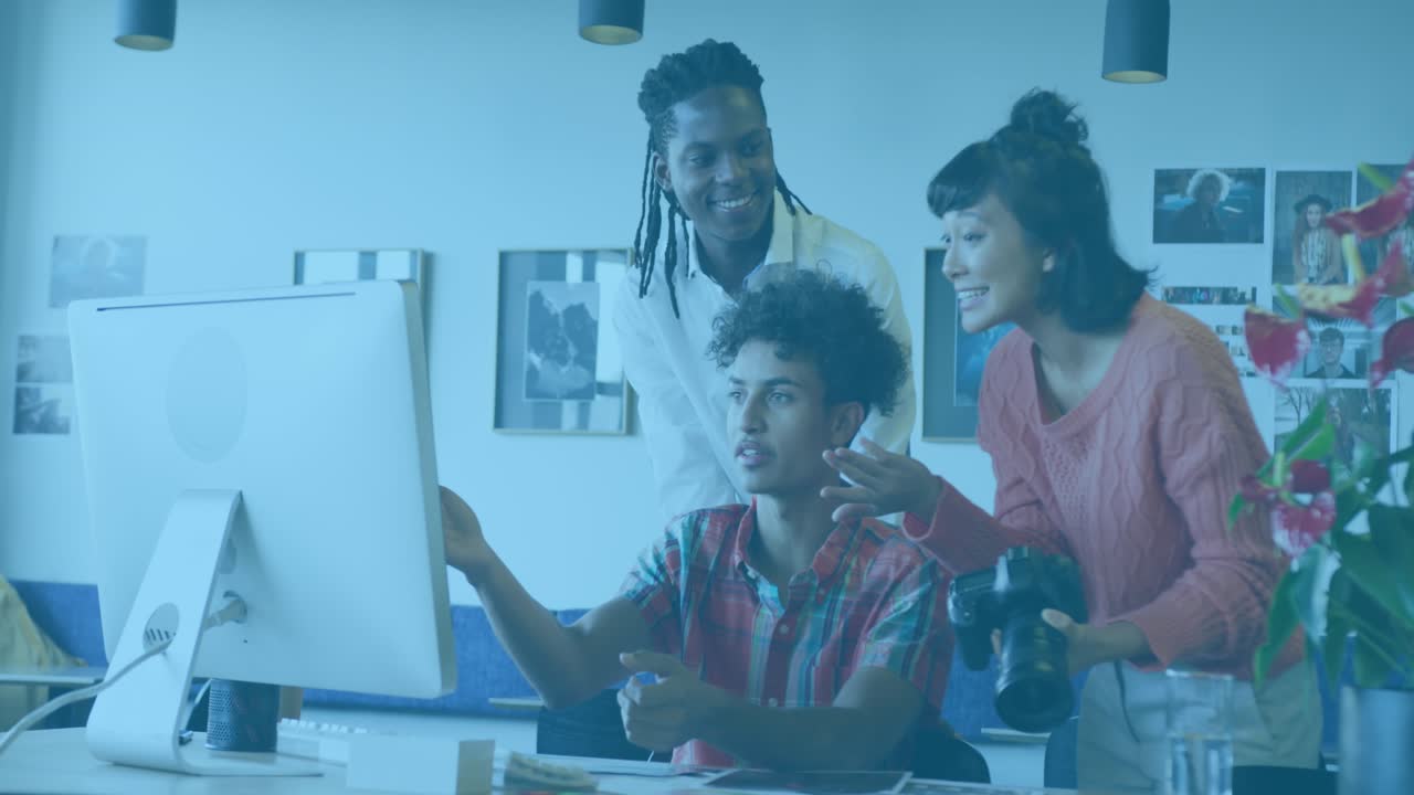 Animation of financial data processing over diverse business people working at office