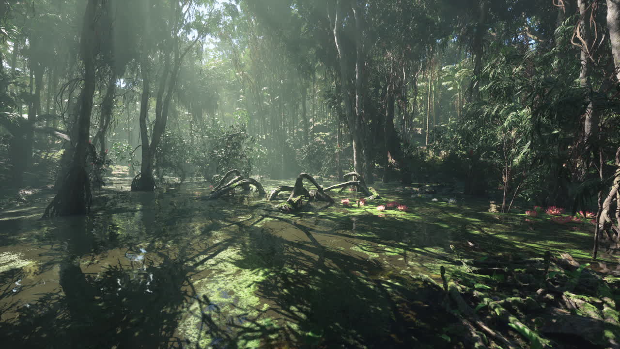 빛이 비치는 숲에서 높은 나무로 둘러싸인 푸른 습지