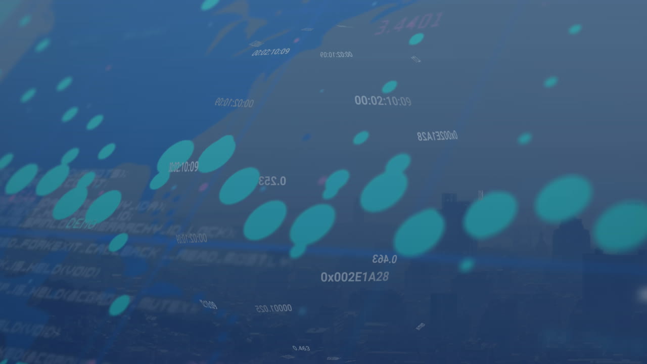 Animation of graphs with changing numbers, computer language, aerial view of modern cityscape