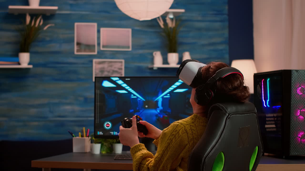 Giocatrice professionista di eSport che gioca online con la realtà virtuale