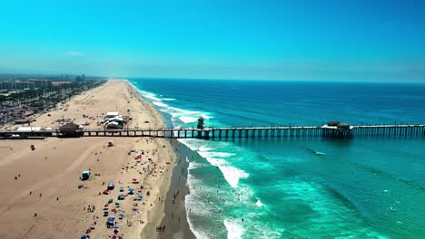 panning left drone view of the pier in huntington beach california