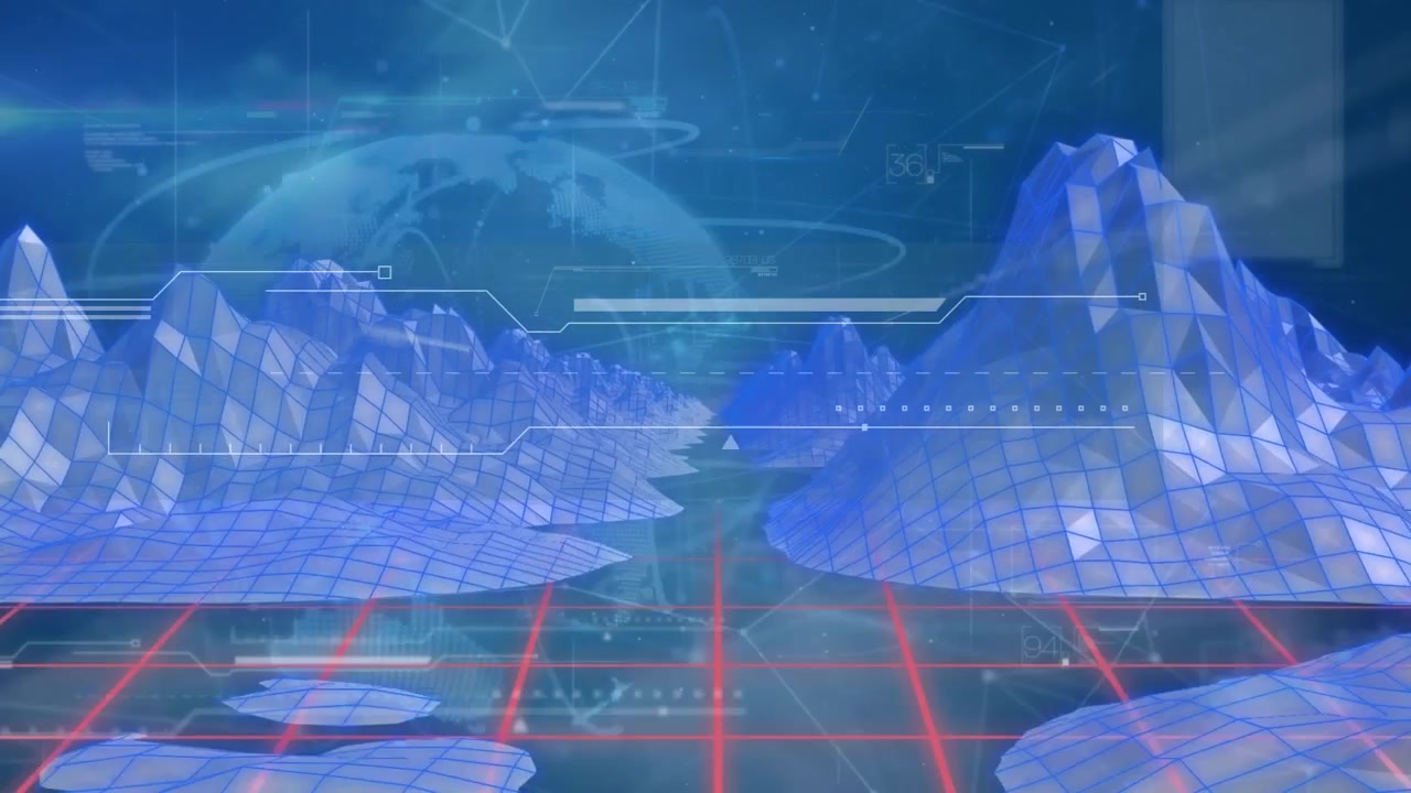 Digital 3D Wireframe Landscape with Global Data Network
