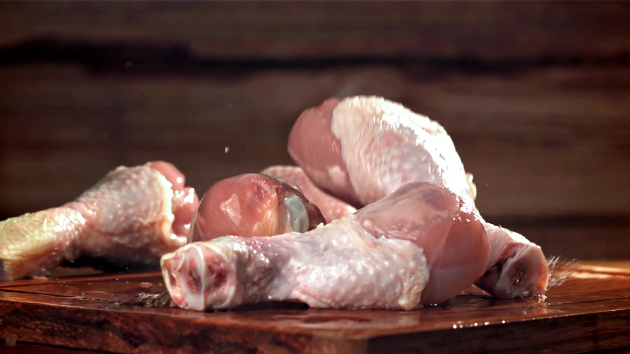 Fusi di pollo crudi che cadono su un tagliere di legno al rallentatore