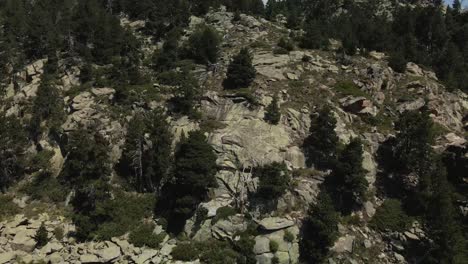 Drone-advancing-through-the-lake-and-then-ascending-to-get-to-the-top-of-the-mountain-in-La-Cerdanya,-Catalunya-4k