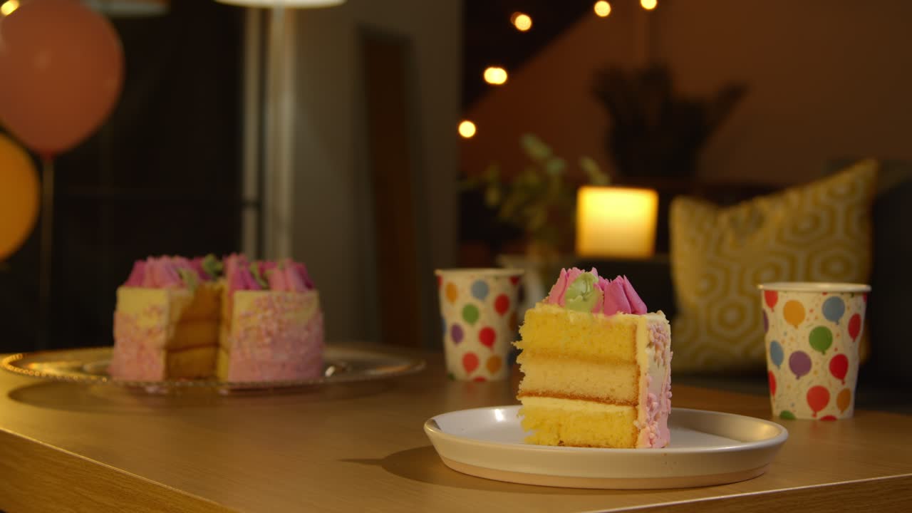 집에서 테이블에 아이싱으로 장식 된 생일 파티 축하 케이크 조각 6