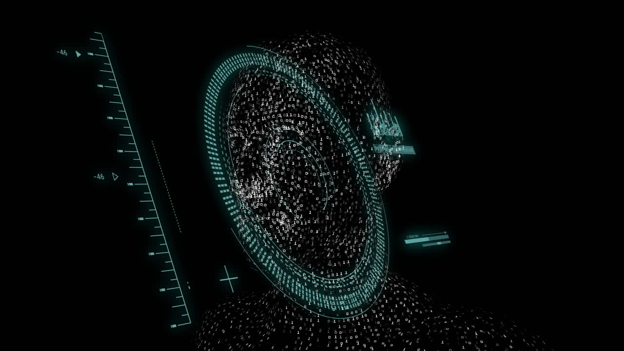 Digital human head with rotating circular interface, futuristic technology animation